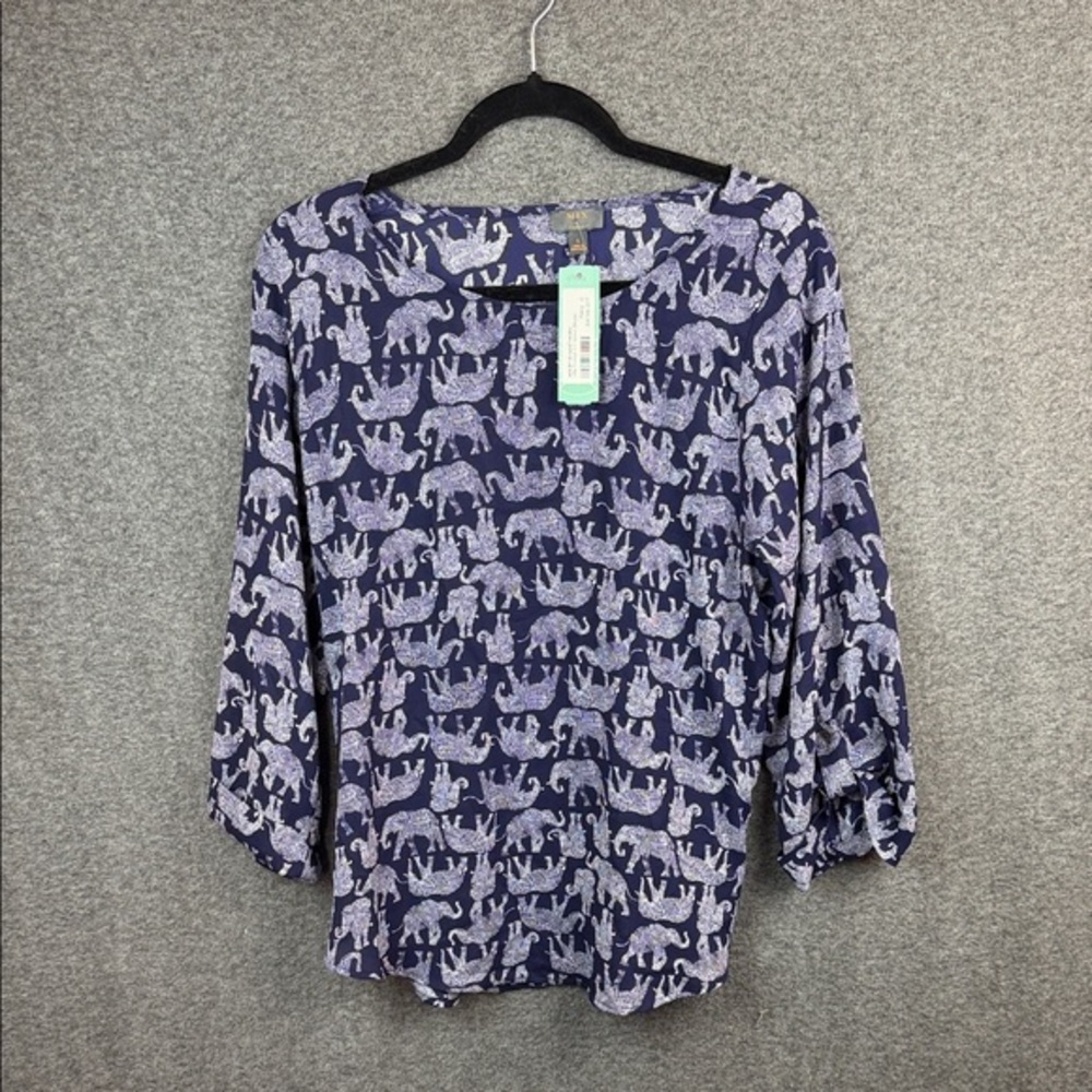 Mix By‎ 41 Hawthorn Stitch Fix Ellie Elephant Print Navy Blue Blouse Large NWT